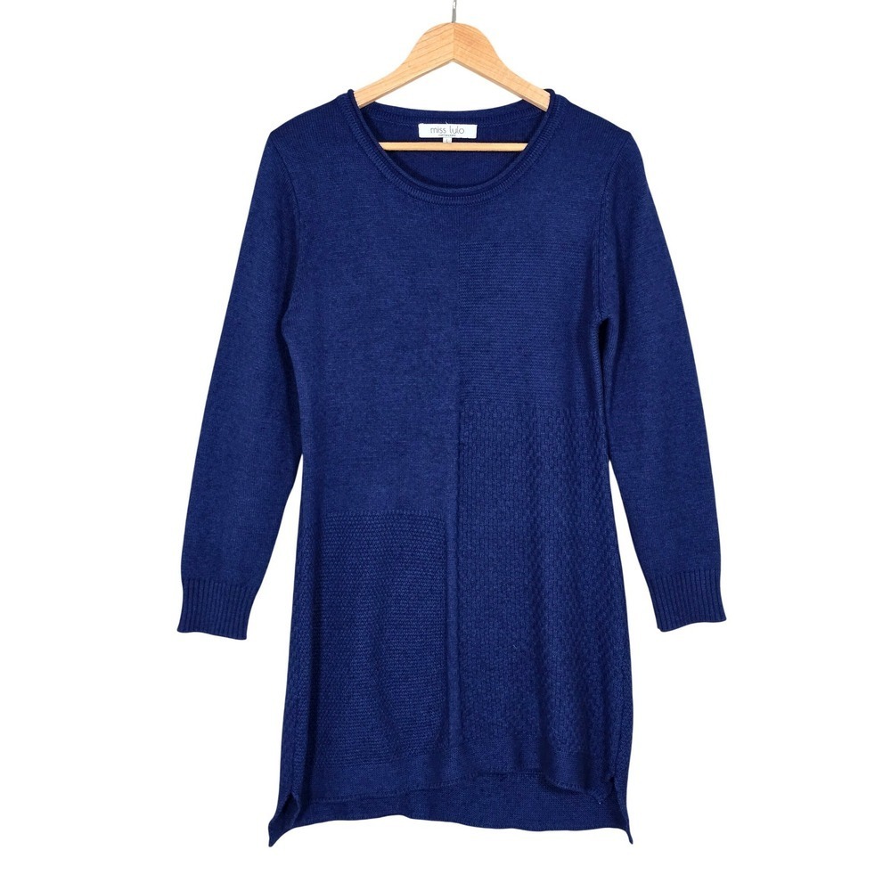 Miss Lulo Women's Cashmere Blend Textured Panel Sweater Dress Blue Large